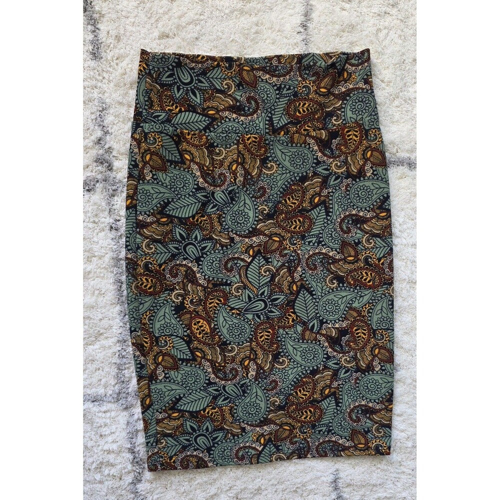LuLaRoe Paisley Print Mini Skirt XS Green Mustard Burgundy Boho Stretch